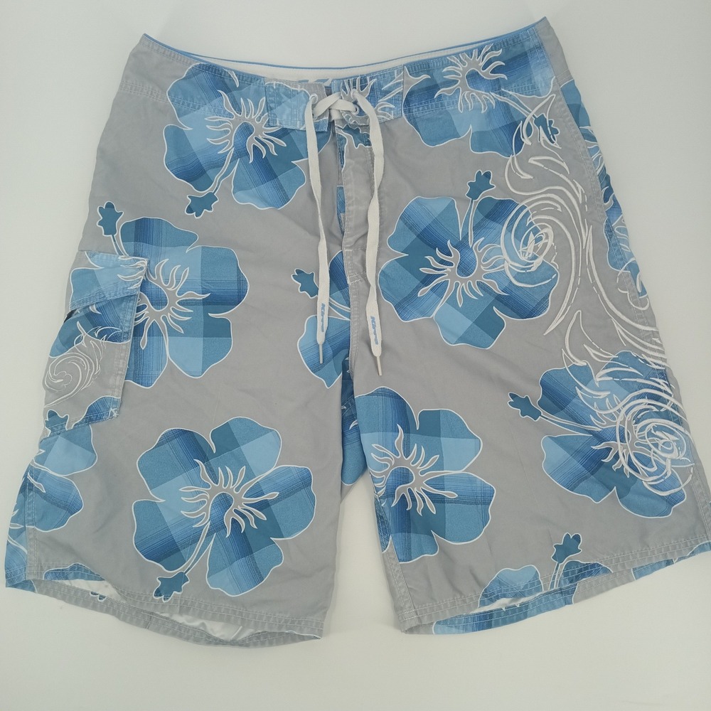 Kirra Mens Board Shorts Blue Hibiscus Floral Plaid Grey Swim Trunks Size 36